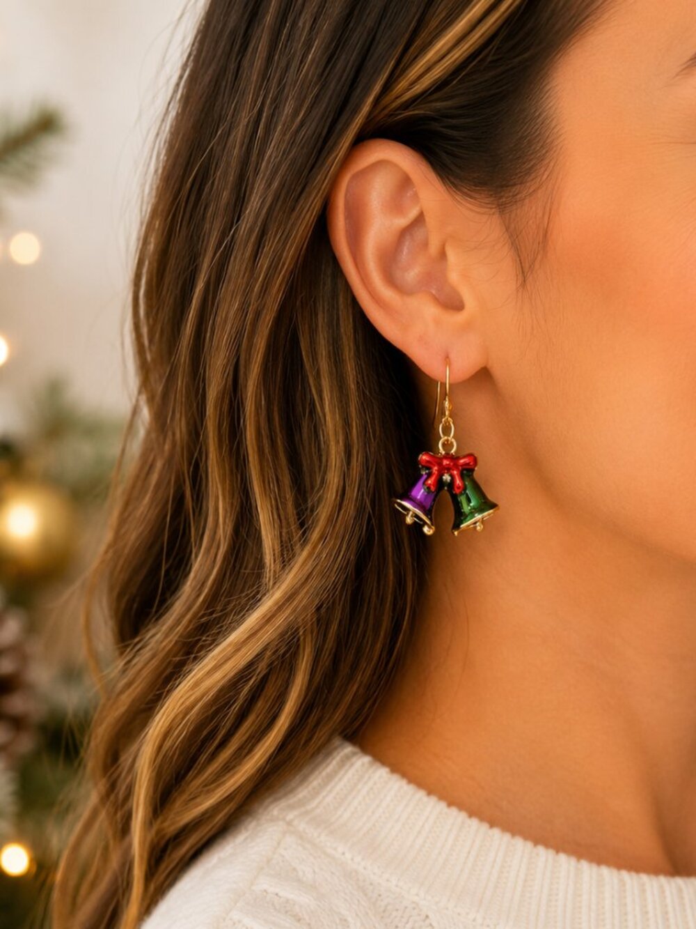 Christmas Jingle Bell Dangle Earrings Red Green Purple Enamel Gold Holiday